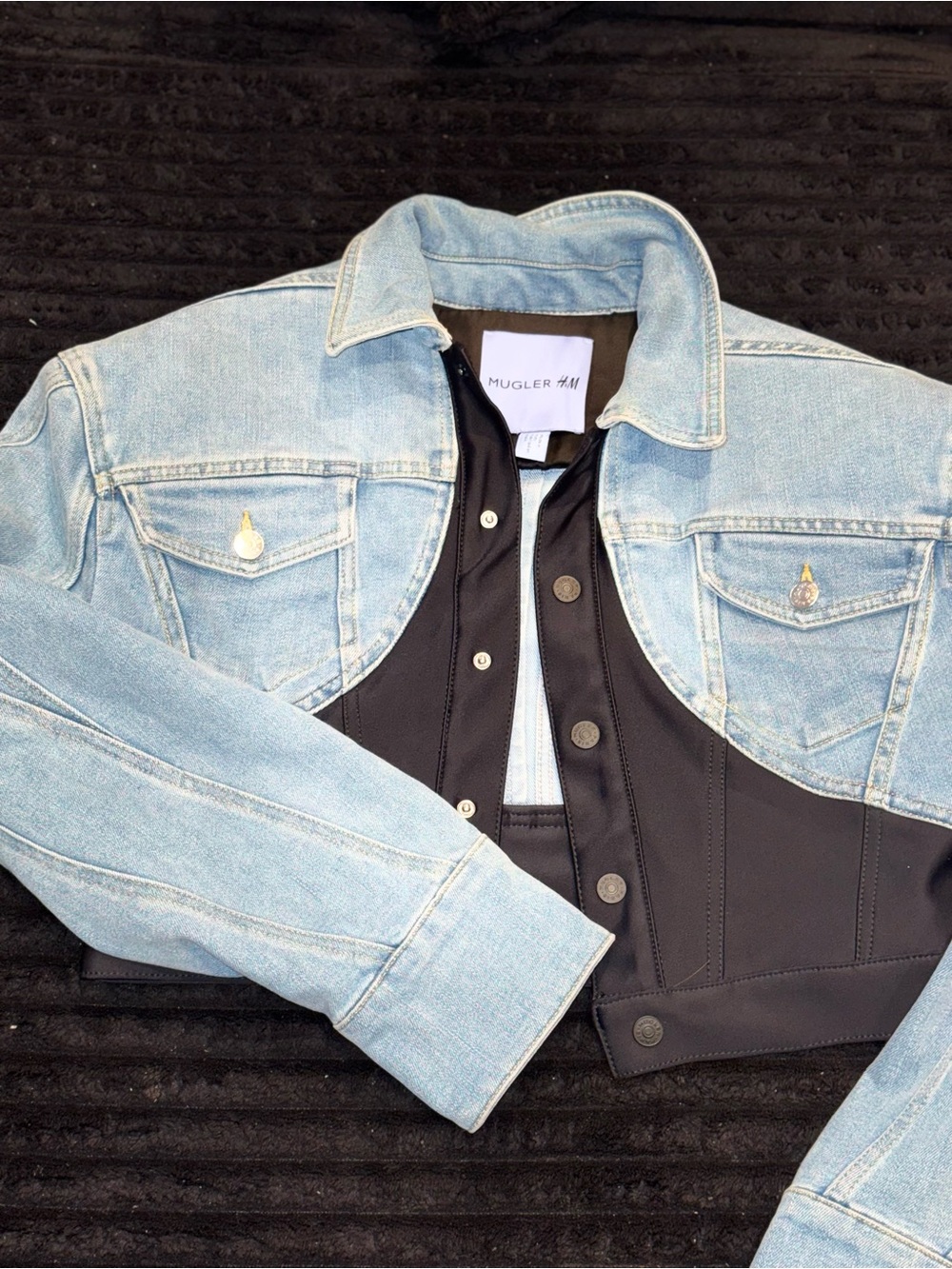 Mugler Light Blue and Black Denim Jacket with Sculpted Front